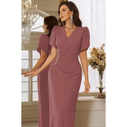 Kadın Kısa Kollu Kruvaze Yakalı Belden çiçek Aksesuarlı Yırtmaçlı Ithal Krep Elbise , 25730