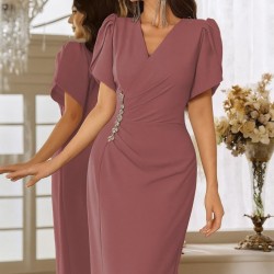 Kadın Kısa Kollu Kruvaze Yakalı Belden çiçek Aksesuarlı Yırtmaçlı Ithal Krep Elbise , 25730