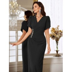 Kadın Kısa Kollu Kruvaze Yakalı Belden çiçek Aksesuarlı Yırtmaçlı Ithal Krep Elbise , 25728