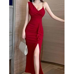 Kadın Ip Zincir Askılı Kruvaze Yakalı önden Fırfırlı Yırtmaçlı Janjan Krep Elbise, 25727