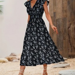 Kadın Kısa Kollu Kruvaze Yakalı Beli Lastikli çiçek Desenli Elbise , 25765