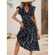 Kadın Kısa Kollu Kruvaze Yakalı Beli Lastikli çiçek Desenli Elbise , 25765