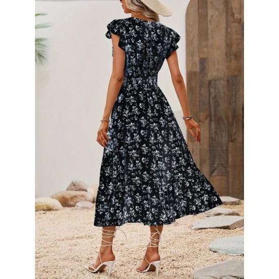 Kadın Kısa Kollu Kruvaze Yakalı Beli Lastikli çiçek Desenli Elbise , 25765