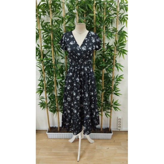 Kadın Kısa Kollu Kruvaze Yakalı Beli Lastikli çiçek Desenli Elbise , 25765