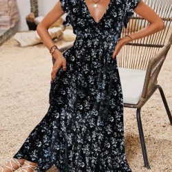 Kadın Kısa Kollu Kruvaze Yakalı Beli Lastikli çiçek Desenli Elbise , 25765