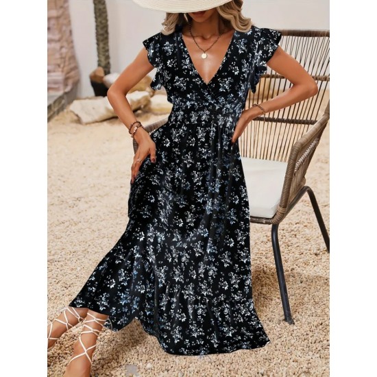 Kadın Kısa Kollu Kruvaze Yakalı Beli Lastikli çiçek Desenli Elbise , 25765