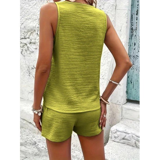 Kadın Askılı Kolsuz V Yakalı önden Düğmeli Bürümcük Bluz Ve Short Ikili Takım , 25813 Kadın Askılı Kolsuz V Yakalı önden Düğmeli Bürümcük Bluz Ve Short Ikili Takım , 25813