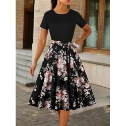 Women' S Short-sleeved Crew Neck Floral Print Short Dress With Viscose Top And Supreme Fabric Bottom., 25834 Women' S Short-sleeved Crew Neck Floral Print Short Dress With Viscose Top And Supreme Fabric Bottom., 25834