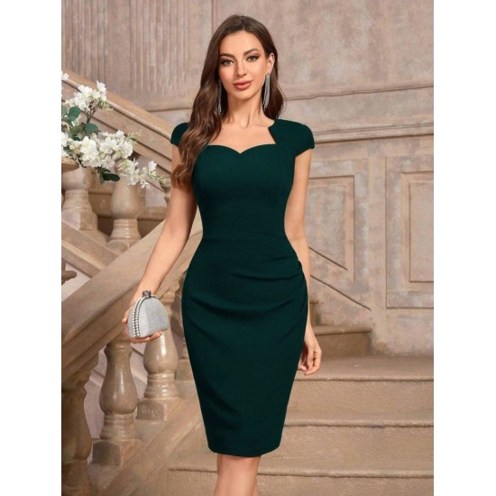 Kadın Kısa Kollu Kalp Yaka Drape Detay Ithal Krep Elbise , 25856 Kadın Kısa Kollu Kalp Yaka Drape Detay Ithal Krep Elbise , 25856