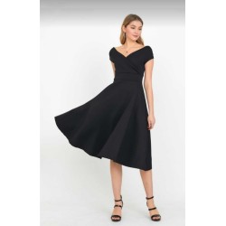 Düşük Omuz Eteği Pileli Krep Midi Boy Elbise, 25909 Düşük Omuz Eteği Pileli Krep Midi Boy Elbise, 25909