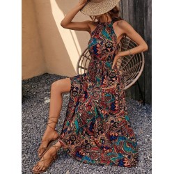 Kadın Kolsuz Halter Yaka Beli Lastikli  Otantik Desenli Mikro Kumaş Elbise, 25921 Kadın Kolsuz Halter Yaka Beli Lastikli  Otantik Desenli Mikro Kumaş Elbise, 25921
