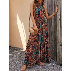 Kadın Kolsuz Halter Yaka Beli Lastikli  Otantik Desenli Mikro Kumaş Elbise, 25921 Kadın Kolsuz Halter Yaka Beli Lastikli  Otantik Desenli Mikro Kumaş Elbise, 25921