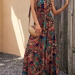 Kadın Kolsuz Halter Yaka Beli Lastikli  Otantik Desenli Mikro Kumaş Elbise, 25921 Kadın Kolsuz Halter Yaka Beli Lastikli  Otantik Desenli Mikro Kumaş Elbise, 25921