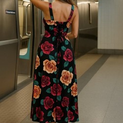 Kadın Askılı Geniş V Yakalı Sırttan Bağlamalı Yırtmaçlı Süprem Elbise , 25925 Kadın Askılı Geniş V Yakalı Sırttan Bağlamalı Yırtmaçlı Süprem Elbise , 25925