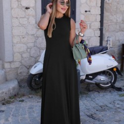 Kadın Sıfır Kollu Bisiklet Yaka Viskon Elbise, 25936