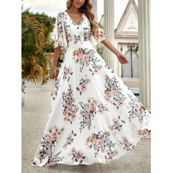 Kadın Kısa Kollu V Yakalı çiçek Desenli Süprem Elbise , 25971