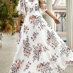 Kadın Kısa Kollu V Yakalı çiçek Desenli Süprem Elbise , 25971