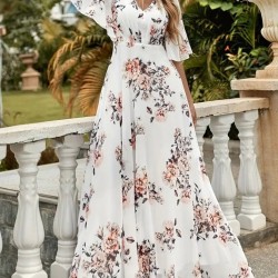 Kadın Kısa Kollu V Yakalı çiçek Desenli Süprem Elbise , 25971