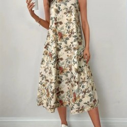 Kadın Sıfır Kollu Yuvarlak Yaka Desenli Ithal Keten Midi Elbise , 25982