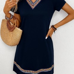 Kadın Kısa Kollu V Yakalı Etnik Desen şerit Detaylı Viskon Elbise, 25998