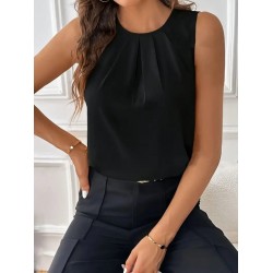 Women' S Sleeveless Crew Neck Front Pleated Satin Blouse, 26005