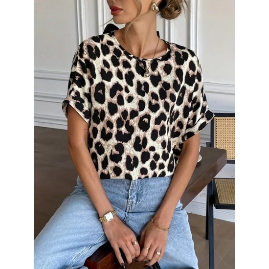 Kadın Kısa Kollu Bisiklet Yaka Arkadan Fiyonk Detaylı Leopar Süprem Bluz, 26002 Kadın Kısa Kollu Bisiklet Yaka Arkadan Fiyonk Detaylı Leopar Süprem Bluz, 26002