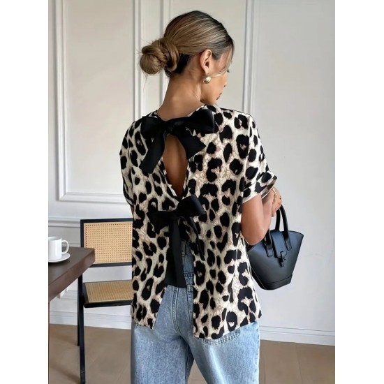 Kadın Kısa Kollu Bisiklet Yaka Arkadan Fiyonk Detaylı Leopar Süprem Bluz, 26002 Kadın Kısa Kollu Bisiklet Yaka Arkadan Fiyonk Detaylı Leopar Süprem Bluz, 26002