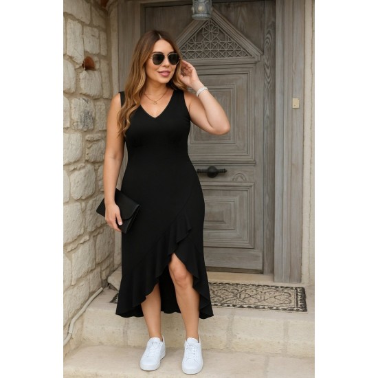 Kadın Askılı V Yakalı önden Fırfırlı Uzun Dalgıç Elbise , 26084 Kadın Askılı V Yakalı önden Fırfırlı Uzun Dalgıç Elbise , 26084