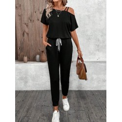 Kadın Tek Omuzdan Açık Viskon Iki Iplik Bluz Bağcıklı Pantolon Ikili Takım, 26140