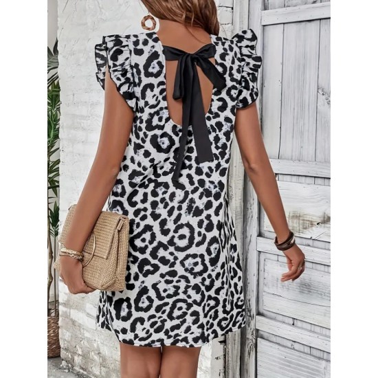 Kadın Kısa Kollu Kolları Fırfır Detay Arkası Bağlamalı Leopar Desen Kolsuz Mini Mikro Elbise , 26133