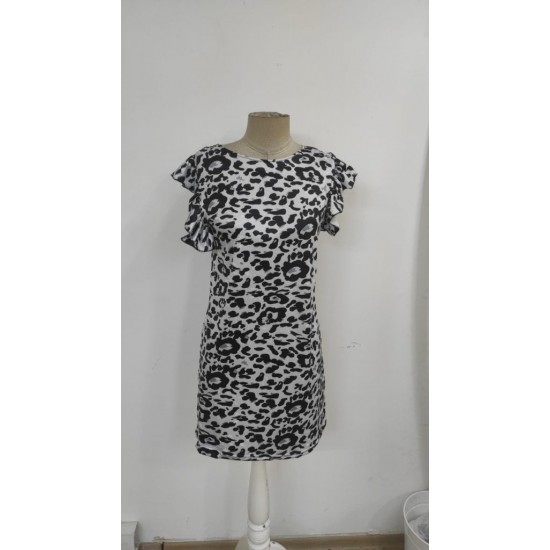 Kadın Kısa Kollu Kolları Fırfır Detay Arkası Bağlamalı Leopar Desen Kolsuz Mini Mikro Elbise , 26133
