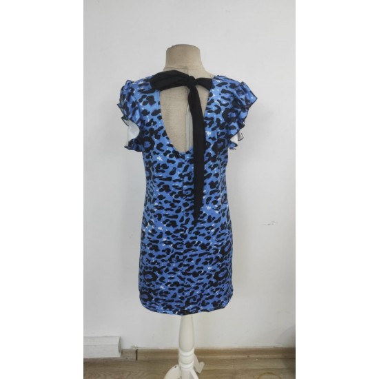 Kadın Kısa Kollu Kolları Fırfır Detay Arkası Bağlamalı Leopar Desen Kolsuz Mini Mikro Elbise , 26132 Kadın Kısa Kollu Kolları Fırfır Detay Arkası Bağlamalı Leopar Desen Kolsuz Mini Mikro Elbise , 26132
