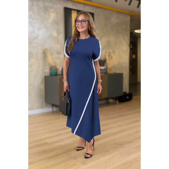 Kadın Kısa Kollu Bisiklet Yaka çift şerit Renk Detaylı Asimetrik Kesim Viskon Iki Iplik Elbise , 26101