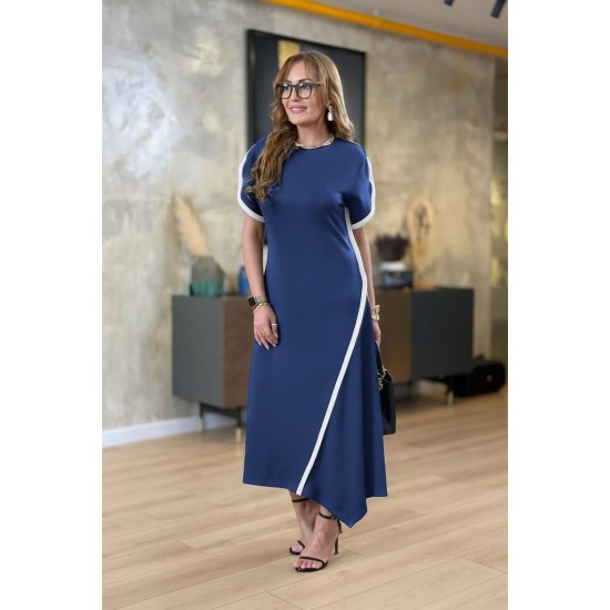 Kadın Kısa Kollu Bisiklet Yaka çift şerit Renk Detaylı Asimetrik Kesim Viskon Iki Iplik Elbise , 26101