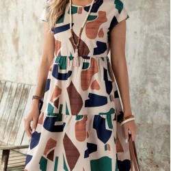 Kadın Kısa Kollu Bisiklet Yaka Desenli Fırfırlı Süprem Elbise, 26205