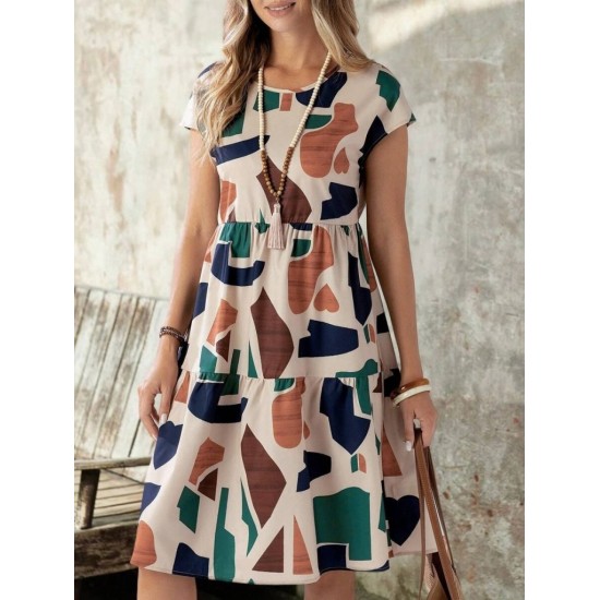 Kadın Kısa Kollu Bisiklet Yaka Desenli Fırfırlı Süprem Elbise, 26205 Kadın Kısa Kollu Bisiklet Yaka Desenli Fırfırlı Süprem Elbise, 26205