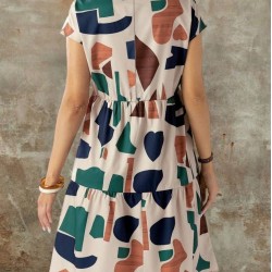 Kadın Kısa Kollu Bisiklet Yaka Desenli Fırfırlı Süprem Elbise, 26205