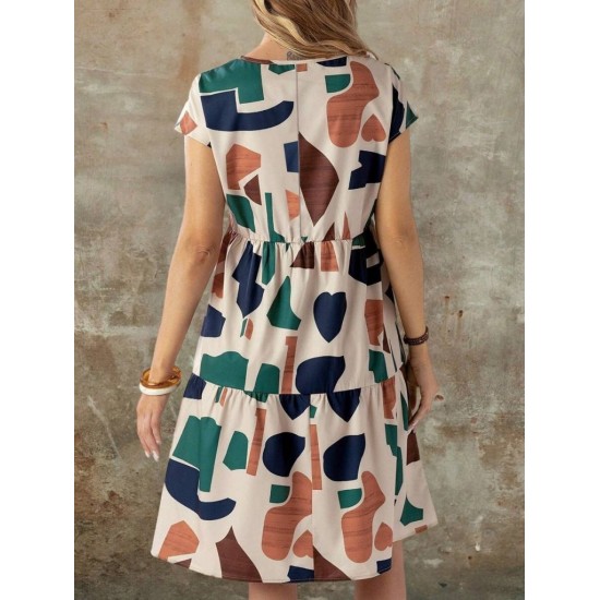 Kadın Kısa Kollu Bisiklet Yaka Desenli Fırfırlı Süprem Elbise, 26205 Kadın Kısa Kollu Bisiklet Yaka Desenli Fırfırlı Süprem Elbise, 26205