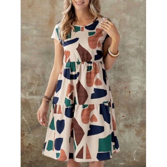 Kadın Kısa Kollu Bisiklet Yaka Desenli Fırfırlı Süprem Elbise, 26205 Kadın Kısa Kollu Bisiklet Yaka Desenli Fırfırlı Süprem Elbise, 26205