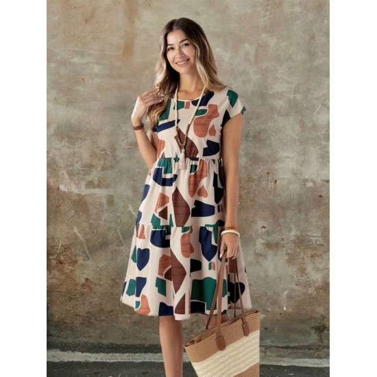Kadın Kısa Kollu Bisiklet Yaka Desenli Fırfırlı Süprem Elbise, 26205 Kadın Kısa Kollu Bisiklet Yaka Desenli Fırfırlı Süprem Elbise, 26205
