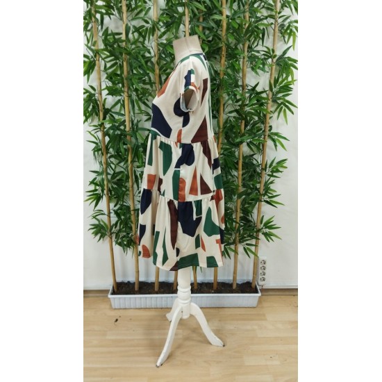 Kadın Kısa Kollu Bisiklet Yaka Desenli Fırfırlı Süprem Elbise, 26205 Kadın Kısa Kollu Bisiklet Yaka Desenli Fırfırlı Süprem Elbise, 26205