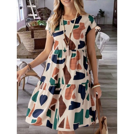 Kadın Kısa Kollu Bisiklet Yaka Desenli Fırfırlı Süprem Elbise, 26205 Kadın Kısa Kollu Bisiklet Yaka Desenli Fırfırlı Süprem Elbise, 26205