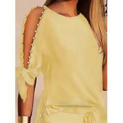 Kadın Kısa Kollu Bisiklet Yaka Yarı Açık Omuz Inci Detaylı Short T-shirt Viskon Ikili Takım, 26224