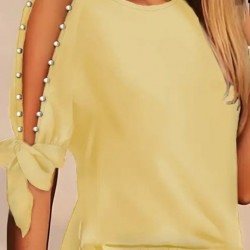 Kadın Kısa Kollu Bisiklet Yaka Yarı Açık Omuz Inci Detaylı Short T-shirt Viskon Ikili Takım, 26224