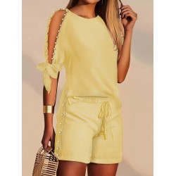 Kadın Kısa Kollu Bisiklet Yaka Yarı Açık Omuz Inci Detaylı Short T-shirt Viskon Ikili Takım, 26224