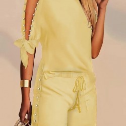 Kadın Kısa Kollu Bisiklet Yaka Yarı Açık Omuz Inci Detaylı Short T-shirt Viskon Ikili Takım, 26224