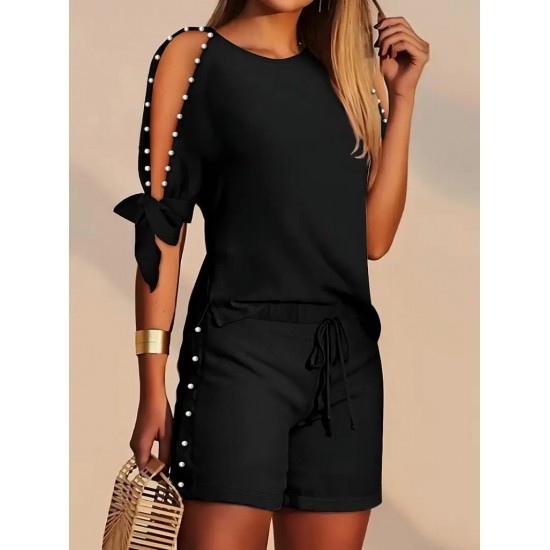 Kadın Kısa Kollu Bisiklet Yaka Yarı Açık Omuz Inci Detaylı Short T-shirt Viskon Ikili Takım, 26222