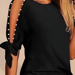 Kadın Kısa Kollu Bisiklet Yaka Yarı Açık Omuz Inci Detaylı Short T-shirt Viskon Ikili Takım, 26222