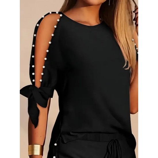 Kadın Kısa Kollu Bisiklet Yaka Yarı Açık Omuz Inci Detaylı Short T-shirt Viskon Ikili Takım, 26222