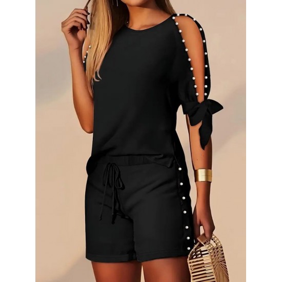 Kadın Kısa Kollu Bisiklet Yaka Yarı Açık Omuz Inci Detaylı Short T-shirt Viskon Ikili Takım, 26222